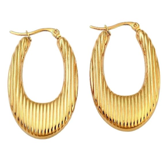 24K Gold Plated Lined Teardrop Hoop Pierced Post Earrings 44mm Long Stainless - Picture 2 of 12